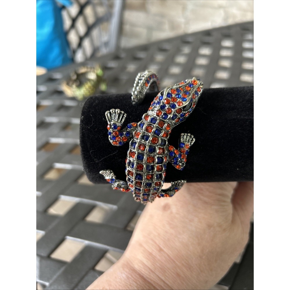 vintage alligator Wrap Bracelet‎ Red Blue Rhinestones Silver Tone cuff